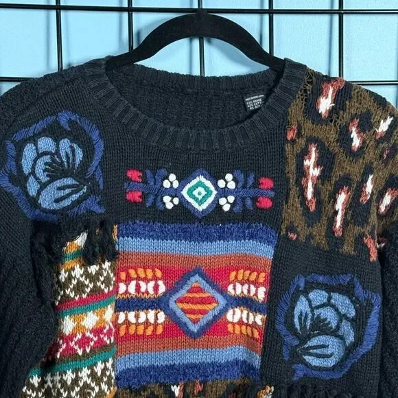 Vintage‎ Knit Fringe Grandma Sweater Womens M Multicolor Cottagecore Patchwork - Picture 2 of 9